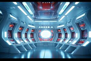 Spaceship interior with view on space and planets. Mixed media photo