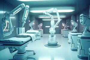 3d rendering robot working in modern operating room with medical equipment. Ai Generated photo