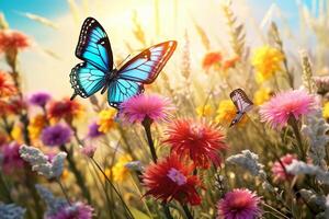 Beautiful butterfly on green meadow and blue sky. Nature background Ai Generative photo