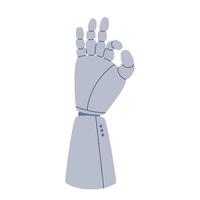 The robot hand clasps its thumb and forefinger. Gesture OK. Artificial intelligence or smart machine indicates that everything is good. Vector flat isolated illustration.