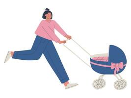 Cute young woman walks with a baby stroller. Happy young mother walks with her child in a stroller. Vector isolated illustration for design.