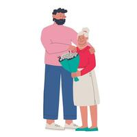 Young man gives bouquet of flowers to his elderly mother. Family portrait, mother and son, grandmother and grandson. Vector isolated illustration for design.