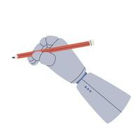 Cyborg or robot draws with a pencil. Mechanical palm with fingers. Artificial intelligence draws. Vector flat isolated illustration.