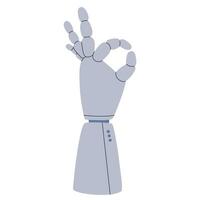 The robot hand clasps its thumb and forefinger. Gesture OK. Artificial intelligence or smart machine indicates that everything is good. Vector flat isolated illustration.