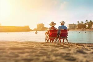 Senior couple sitting chairs and watching the sunset on the beach Ai Generated photo