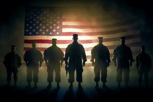 siluetas de soldados en el antecedentes de el bandera de el unido estados de America ai generado foto