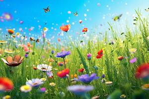 Spring meadow with flowers and butterflies. Nature background. 3d rendering Ai Generative photo