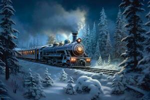 Steam locomotive in the winter forest. 3D illustration. Digital painting. Ai Generated photo