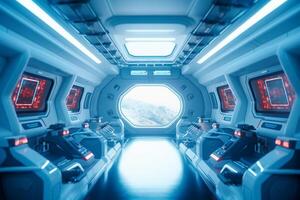 Spaceship interior with view on space and planets. Mixed media photo