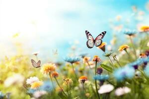 Summer meadow with flowers and butterfly. Nature background. 3d render Ai Generative photo