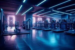 Futuristic gym interior with neon lights. 3D Rendering Ai Generative photo