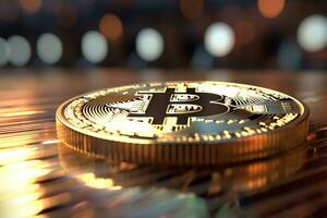 Golden bitcoin on a wooden table. 3d illustration. Cryptocurrency. Ai Generated  Ai Generated photo