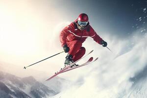 Flying skier on mountains. Extreme winter sport. 3D Rendering Ai Generated photo