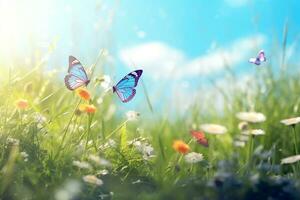 Summer meadow with flowers and butterfly. Nature background. 3d render Ai Generative photo