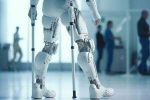 robot caminando en muletas en el hospital, de cerca ai generativo foto
