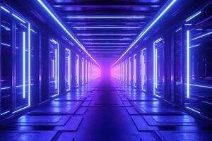 Futuristic corridor with glowing neon lights. 3D rendering. photo