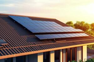 Solar panels installed on the roof of a house. Alternative energy source. Ai Generated photo