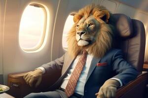 Lion in the cabin of the plane. The concept of business and travel. Generative Ai photo