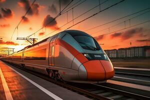 High-speed train in motion on the background of the setting sun Ai Generated photo