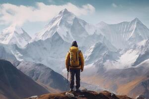 Hiker in mountains beautiful view photo