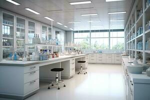 Science laboratory interior with equipment and science experiments. 3d rendering toned image Ai Generated photo