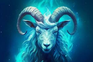 Fantasy illustration of a goat with blue hair and blue eyes. Ai generated photo