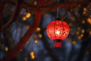 Chinese red lanterns on the background of a blossoming tree in the park photo