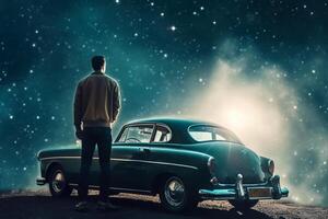 Rear view of man looking at old car on night sky background photo