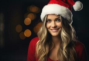 contento hermosa joven mujer vistiendo un Papa Noel, Navidad imagen, fotorrealista ilustración foto