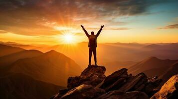 A person stands on a mountaintop looking out at the view, mental health images, photorealistic illustration photo