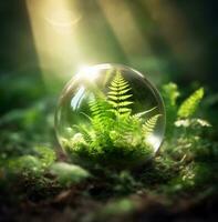 A glass globe containing a green plant with sunlight coming through it, nature stock photo