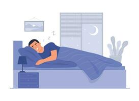hombre dormido en cama y ronquidos a noche concepto ilustración vector