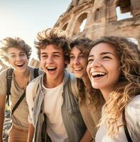 A close-up of a group of friends faces as they explore an ancient ruin, wanderlust travel stock photos, realistic stock photos