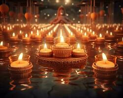 un grupo de iluminado velas flotante en agua, diwali valores imágenes, realista valores fotos