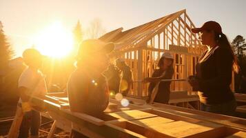 A volunteer is building a house for a family in need, mental health images, photorealistic illustration photo