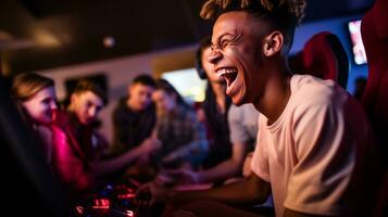 A person laughing as they play a game, mental health images, photorealistic illustration photo