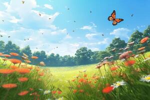 Summer meadow with flowers and butterfly. Nature background. 3d render Ai Generative photo