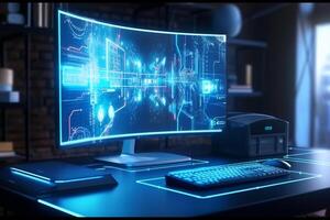 Interior of a control room with computers and screens. 3D rendering photo