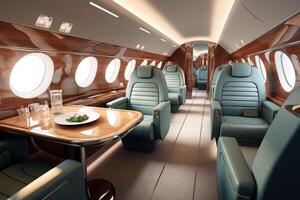 Modern Interior of airplane with seats and window view. 3d rendering photo