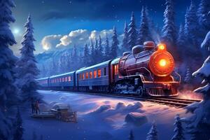 Steam locomotive in the winter forest. 3D illustration. Digital painting. Ai Generated photo