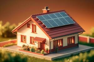 casa con solar paneles en el techo. alternativa energía fuente. 3d ilustración. ai generado foto