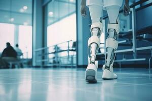 Robot walking on crutches in the hospital, closeup  Ai Generative photo