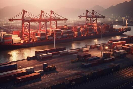 Container Cargo freight ship with working crane bridge in shipyard at dusk for Logistic Import Export background. Ai Generative photo