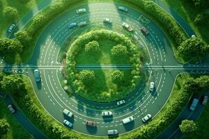 Aerial top view of a roundabout in the middle of a green city photo