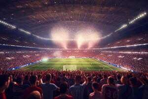 Digital Football or soccer stadium at night with crowd of fans. 3D rendering Ai Generated photo