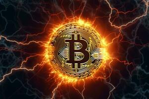 Bitcoin on a lightning background. Digital currency. Cryptocurrency. Ai Generated photo