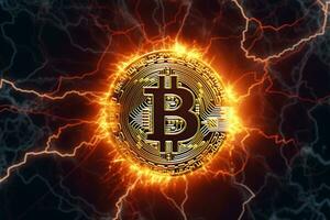 Bitcoin on a lightning background. Digital currency. Cryptocurrency. Ai Generated photo