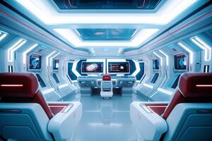 Spaceship interior with view on space and planets. Mixed media photo