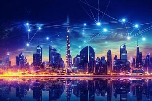 Modern city at night with connection lines on the background. photo
