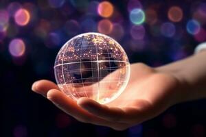 Hands holding a glowing globe on dark background. 3d rendering photo